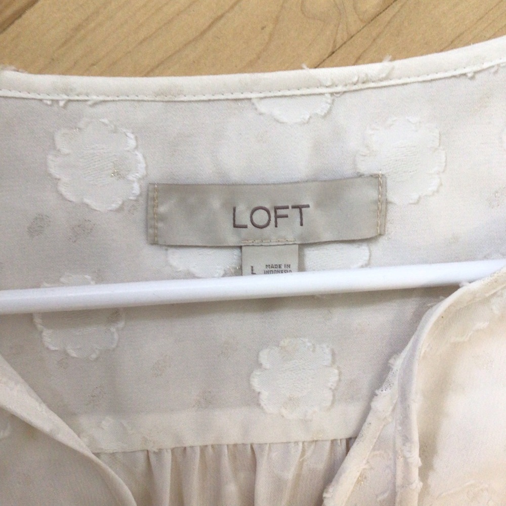 2/$10 LOFT White Ruffled Long Sleeve Bib Collar Blouse - Picture 5 of 6